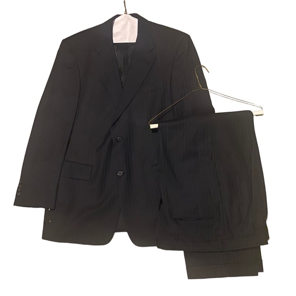 Hart Schaffner Marx Suit Mens 2 Piece 41R Black Pinstripe Long Sleeve Pleated Fr - Picture 1 of 16